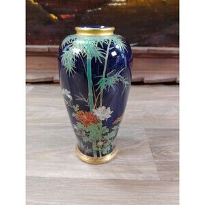 Antique Japanese Satsuma Ware Meiji Baluster Vase w Bamboo Tree Flowers